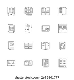 Sammlung von 16 dünnen Linie PIXEL Perfekte Vektorsymbole für Seiten, entworfen im Retina Ready-Format für Klarheit und Vielseitigkeit.