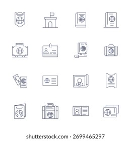 Coleção de 16 ícones vetoriais alinhados em pixel de linha fina para Passport, projetados no formato 64x64 para maior clareza e versatilidade.