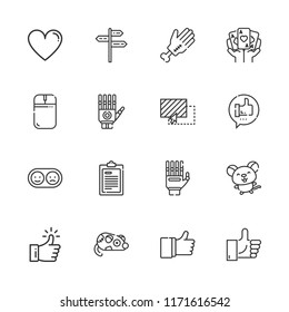 Collection of 16 thumb outline icons include icons such as hand, positive and negative, like, pointer, drag, test