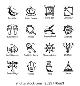 Collection of 16 Tibet Doodle Icons 

