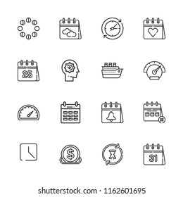 Collection of 16 time outline icons include icons such as investment, clock, speedometer, calendar, management, ship, history button, hourglass