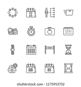 Collection of 16 time outline icons include icons such as delivery, stopwatch, calendar, hourglass, lunchbox, watch, moon phases, skills, finish, money