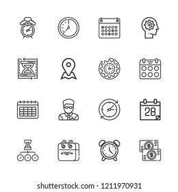 Collection of 16 time outline icons include icons such as calendar, manager, placeholder, alarm clock, clock, management, money, load time, wall clock