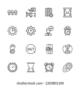 Collection of 16 timer outline icons include icons such as time, time management, alarm clock, hourglass, schedule, sport, wall clock, stopclock, watch, clock
