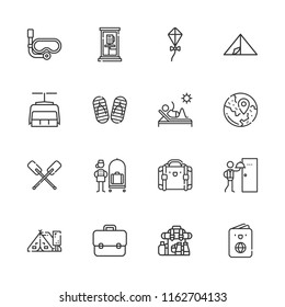 Collection of 16 tourism outline icons include icons such as suitcase, bellhop, passport, deck chair, room service, kite, briefcase, snorkel, chairlift, backpack, tent
