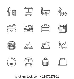 Collection of 16 tourism outline icons include icons such as briefcase, valet, minibar, room service, suitcase, backpack, canoe, mountain, snorkel, swimming, bus