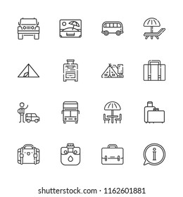 Collection of 16 tourist outline icons include icons such as info, suitcase, valet, canteen, double decker bus, jeep, bus, suitcases, tent, sunbed, umbrella