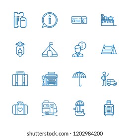 Collection of 16 tourist outline icons include icons such as info, umbrella, valet, tent, motorbike, luggage, suitcase, boarding pass, bus stop, pedal boat
