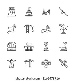 Collection of 16 tower outline icons include icons such as hydroelectric power station, crane, skyscraper, satellite, antenna, lighthouse, landmark, wind turbine, castle