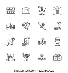 Collection of 16 tower outline icons include icons such as satellite, wind turbine, antenna, communications, korean, spellbook, castle, water tank, hangar, airport, runway