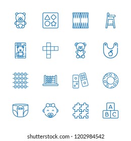 Collection of 16 toy outline icons include icons such as blocks, puzzle, teddy bear, baby, diaper, abacus, toy, bib, baby chair, hopscotch, float, domino