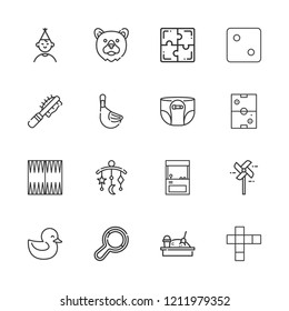 Collection of 16 toy outline icons include icons such as pinwheel, birthday boy, puzzle, diaper, baby crib, duck, bear, pet brush, rattle, sandbox, hopscotch, arcade