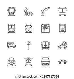 Collection of 16 traffic outline icons include icons such as valet, school bus, car, bus, helicopter, monorail, train, van, parking, cones, electric car