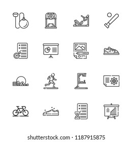 Collection of 16 training outline icons include icons such as presentation, plan, baseball bat, hammer throwing, sport shoe, planning, bicycle, sneakers, gym station