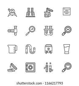 Collection of 16 transparent outline icons include icons such as test tube, tube, loupe, safebox, zoom in, browser visualization, glass, measuring cup, lander