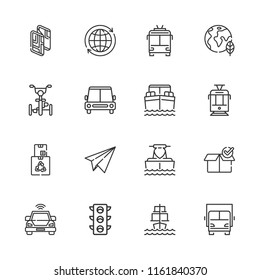 Collection of 16 transport outline icons include icons such as map, bicycle, car, traffic light, world, planet earth, boxes, package, boat, jet boating, lorry, sailing ship