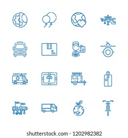 Collection of 16 transport outline icons include icons such as package, planet earth, truck, bike, submarine, balloons, van, portable, ambulance, driver