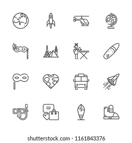 Collection of 16 travel outline icons include icons such as ironing service, helicopter, earth globe, eye mask, rocket, activity, boots, surf, surfboard, minibus, landmark