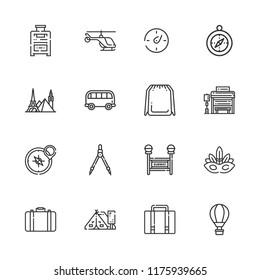 Collection of 16 trip outline icons include icons such as compass, helicopter, briefcase, backpack, hot air balloon, bus, landmark, tent, suitcase, eye mask, luggage, subway