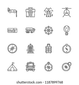 Collection of 16 trip outline icons include icons such as compass, helicopter, eye mask, suitcase, road, hot air balloon, bus, police box, tent