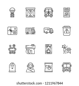 Collection of 16 truck outline icons include icons such as delivery, parcel, truck, waste, school bus, minivan, toy, fragile, plato, gas, products, paper bin, real estate