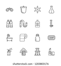 Collection of 16 tube outline icons include icons such as soap, beaker, tube, flask, crucible, dropper, binocular, lipstick, science, binoculars, bathtub, toilet paper
