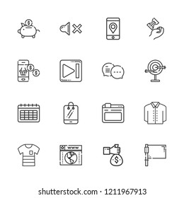 Collection of 16 ui outline icons include icons such as calendar, browser, smartphone, money bag, phone, mute, chat, piggy bank, flag, next, shirt, dart board