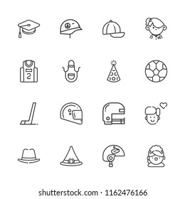Collection of 16 uniform outline icons include icons such as apron, maid, helmet, hat, american football, basketball jersey, cap, football, hockey, mortarboard, boy, student