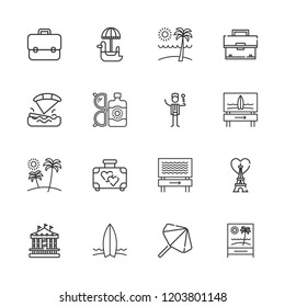 Collection Of 16 Vacation Outline Icons Include Icons Such As Concierge, Parasol, Briefcase, Kitesurfing, Carousel, Suitcase, Beach, Eiffel Tower, Surfboard, Pedal Boat