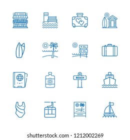 Collection of 16 vacation outline icons include icons such as briefcase, swimming suit, aerial tramway, boat, surfing, beach, motel, passport, cabin, suitcase