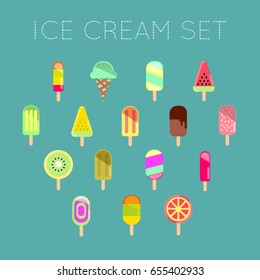 Collection of 16 vector ice cream illustrations isolated on blue