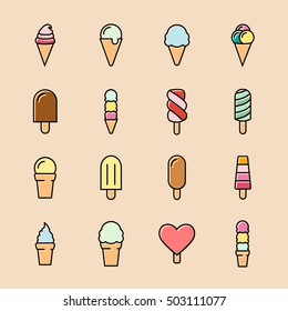 Collection of 16 vector ice creams. Chocolate, vanilla, heart ice creams. Vector illustration isolated on a light background. Ice cream cone and ice cream on stick icons.