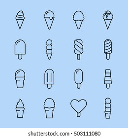 Collection of 16 vector ice creams. Chocolate, vanilla, heart ice creams. Vector illustration isolated on a light background. Ice cream cone and ice cream on stick icons.