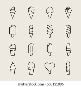Collection of 16 vector ice creams. Chocolate, vanilla, heart ice creams. Vector illustration isolated on a light background. Ice cream cone and ice cream on stick icons.