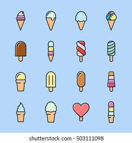 Collection of 16 vector ice creams. Chocolate, vanilla, heart ice creams. Vector illustration isolated on a light background. Ice cream cone and ice cream on stick icons.