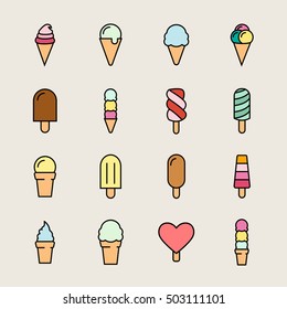 Collection of 16 vector ice creams. Chocolate, vanilla, heart ice creams. Vector illustration isolated on a light background. Ice cream cone and ice cream on stick icons.