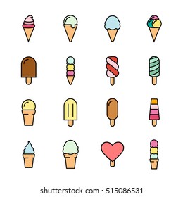 Collection of 16 vector ice creams. Chocolate, vanilla, heart ice creams. Vector illustration isolated on a light background. Ice cream cone and ice cream on stick icons.