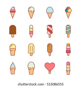 Collection of 16 vector ice creams. Chocolate, vanilla, heart ice creams. Vector illustration isolated on a light background. Ice cream cone and ice cream on stick icons.