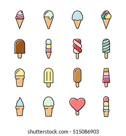 Collection of 16 vector ice creams. Chocolate, vanilla, heart ice creams. Vector illustration isolated on a light background. Ice cream cone and ice cream on stick icons.