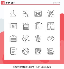 Collection of 16 Vector Icons in Line style. Modern Outline Symbols for Web and Mobile. Line Icon Sign Isolated on White Background. 16 Icons.