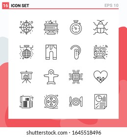 Colección de 16 iconos vectoriales al estilo de línea. Símbolos de esquema modernos para web y móvil. Signo de icono de línea aislado en fondo blanco. 16 Iconos.