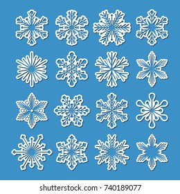collection of 16 vector white snowflakes with simple shadow on blue background, isolated illustration