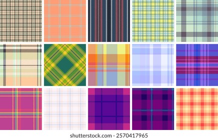 Collection of 16 vibrant plaid patterns.  Perfect for textile design, apparel, website backgrounds, and crafting projects.