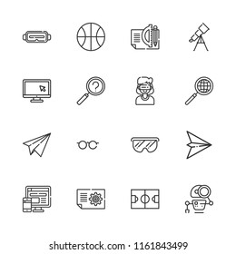 Collection of 16 view outline icons include icons such as computer, search, plan, magnifier, searching, basketball, football field, glasses, paper plane, virtual reality