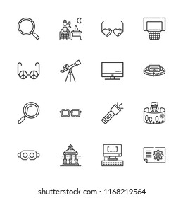 Collection of 16 view outline icons include icons such as plan, terrace, loupe, sunglasses, glasses, flashlight, augmented reality, field of view, ar glasses, telescope