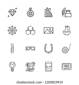 Collection of 16 vintage outline icons include icons such as diamond, cassette, rudder, harp, picture, molecule, ink pen, hot air balloon, wind rose, horseshoe, arcade, tie