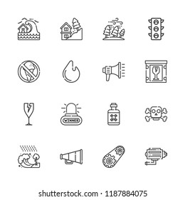 Collection of 16 warning outline icons include icons such as alarm, fragile, engine, traffic light, poison, megaphone, fire, speaker, no food, hurricane, landslide, tsunami
