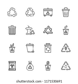 Collection of 16 waste outline icons include icons such as recycle, recycling, waste, trash can, trash, recycling bin