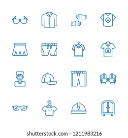 Collection of 16 wear outline icons include icons such as helmet, shirt, hanger, sunglasses, cap, gloves, short, virtual reality, glasses, skirt, football jersey, shorts