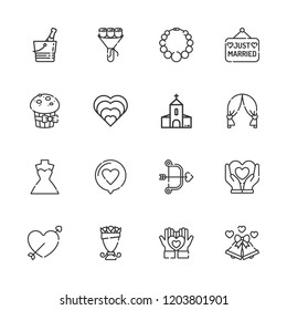 Collection of 16 wedding outline icons include icons such as heart, champagne, church, cupid, bouquet, necklace, muffin, wedding dress, love